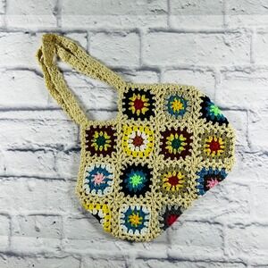 Handmade Crochet Patchwork Granny Square Bag Cream Multi Bohemian Tote KS-KK3